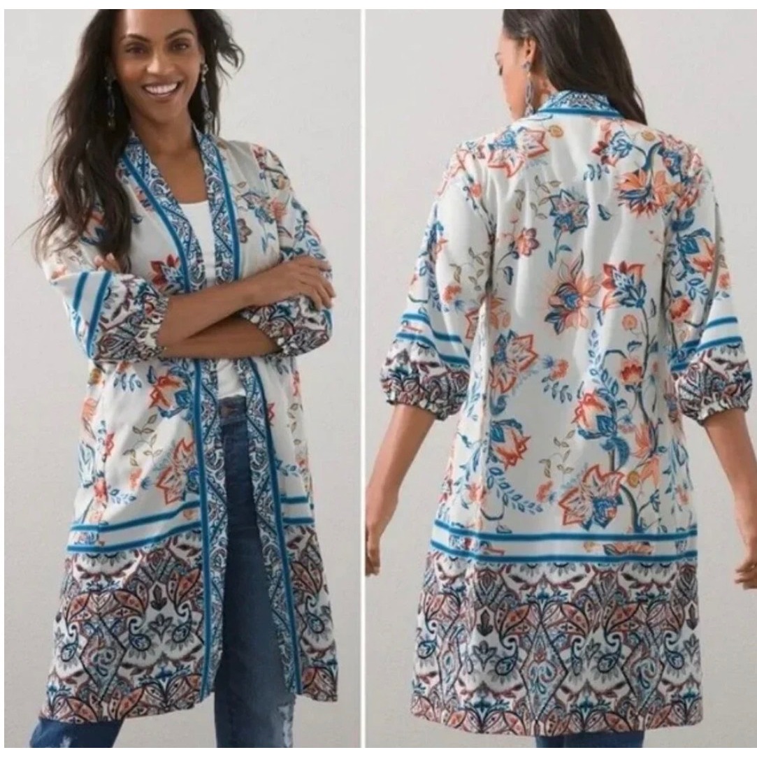 Chicos Nwt Floral Paisley Open Front Kimono Duster Size 2/Us 12